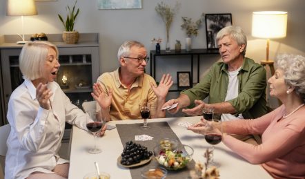Senioren spielen Karten in einer Gemeinschaft